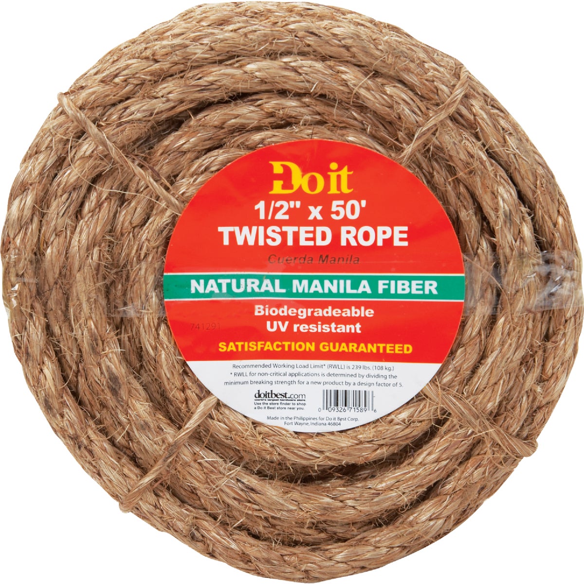Do it Best 1/2 In. x 50 Ft. Natural Twisted Manila Fiber Packaged Rope