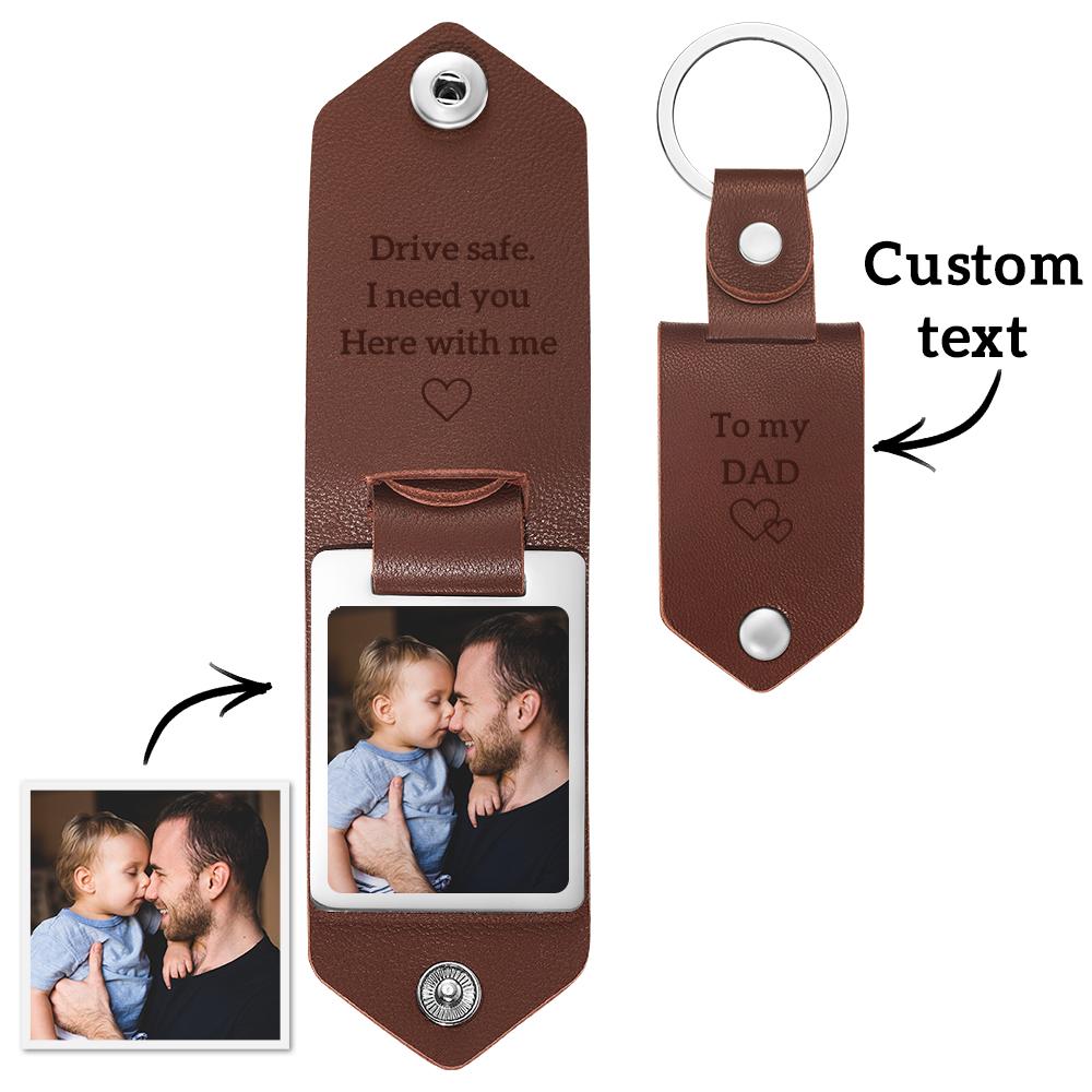 Custom Leather Photo Text Keychain Drive Safe Keychain Anniversary Gift For Dad With Engraved Text