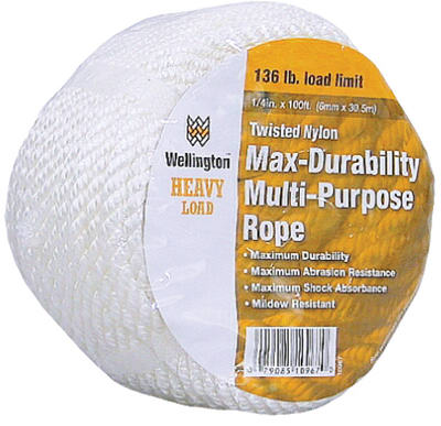 Wellington 11002 Twisted Nylon Multi-Purpose Rope, 1//2" x 50', Silvery White