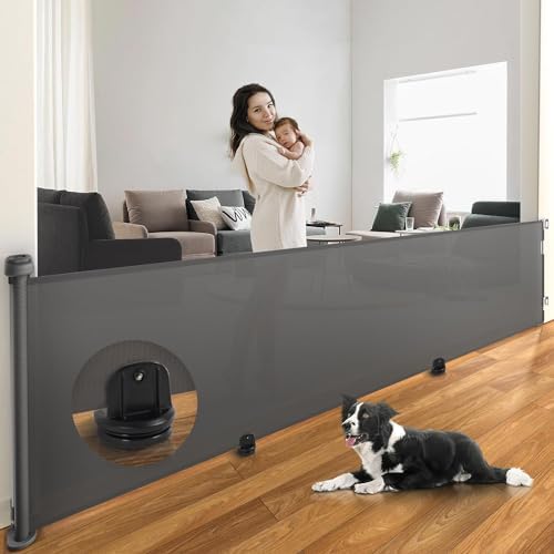 126 Inch Retractable Baby Gate for Stairs, Vanpopubs Extra Wide Dog Gates for Doorways, Mesh Pet Gate for Dogs Indoor, Child Gate for Wide Openings, Adjustable Long Puppy Gate for The House (Grey)