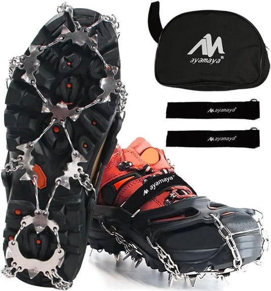 AYAMAYA Upgraded 24 Spikes Crampons Ice Cleats for Shoes and Boots - Antislip Stainless Steel Snow Traction Ice Gripper for Shoes Men Women, Snow Chains for Hiking Winter Walking Climbing - M/L/XL