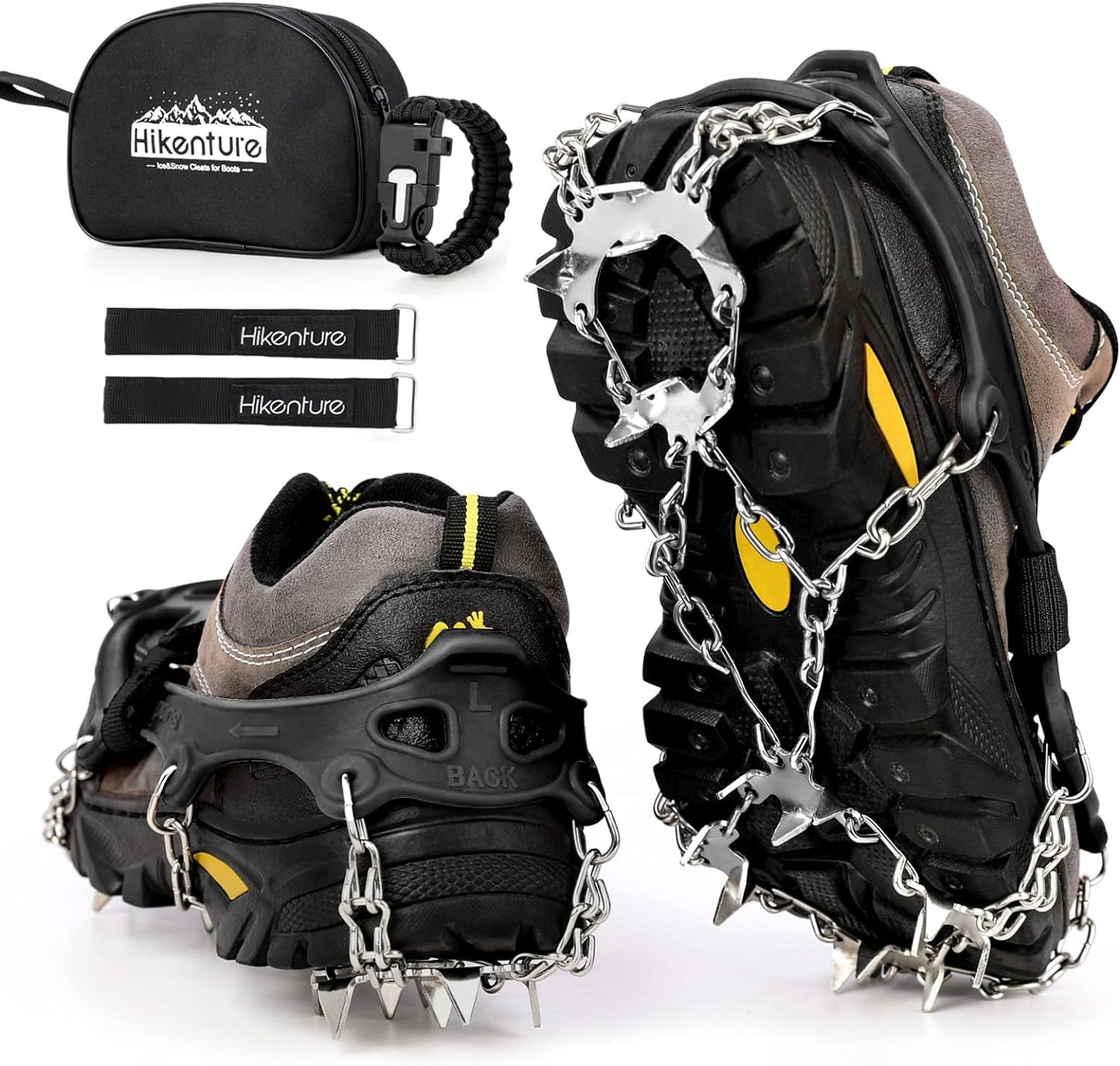Hikenture Ice Cleats Crampons for Hiking Boots, 19 Spikes Shoe Ice & Snow Grips, Anti Slip Traction Cleats for Ice and Snow, Stainless Steel Ice Spikes for Hiking, Fishing, Walking, Mountaineering