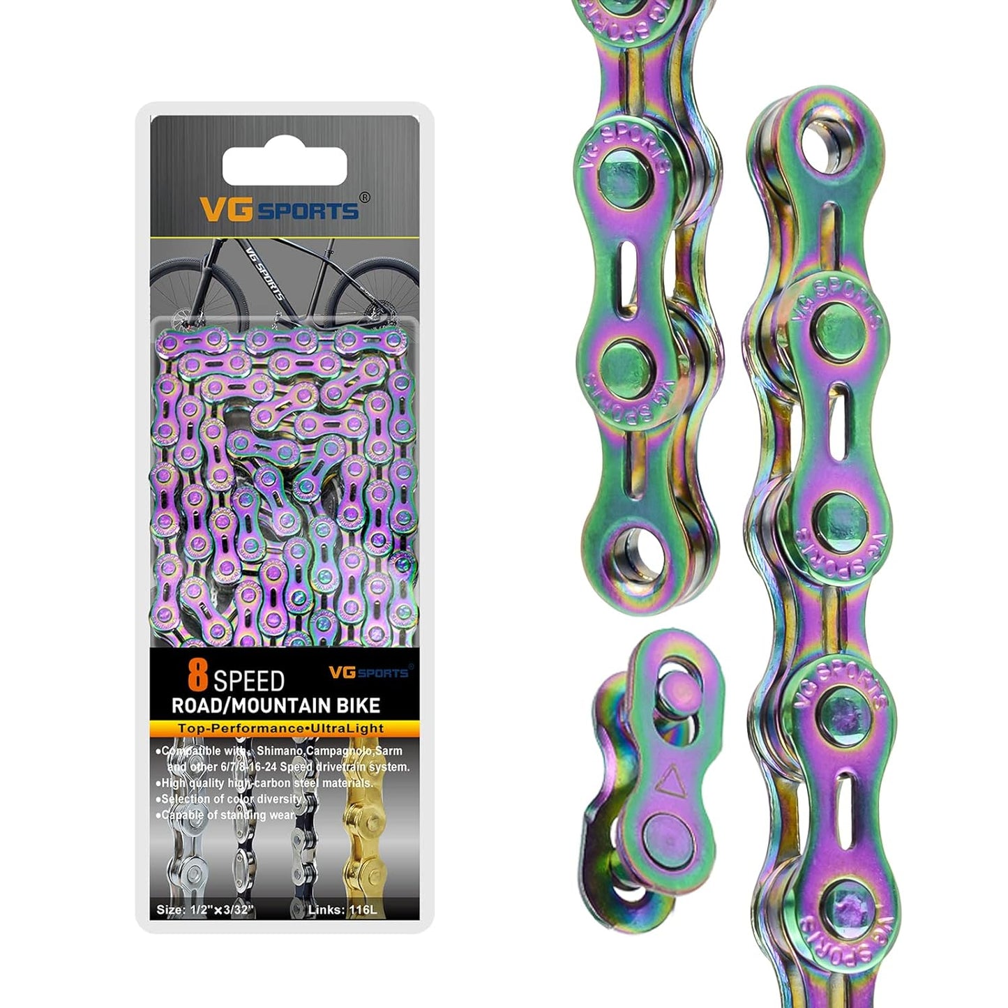 VG SPORTS 6/7/8/9/10/11 Speed Bike Chains, Half Hollow/Full Hollow Lightweight Bicycle Chains for Road Bike/MTB/BMX, Rainbow 116 Links with Missing Link