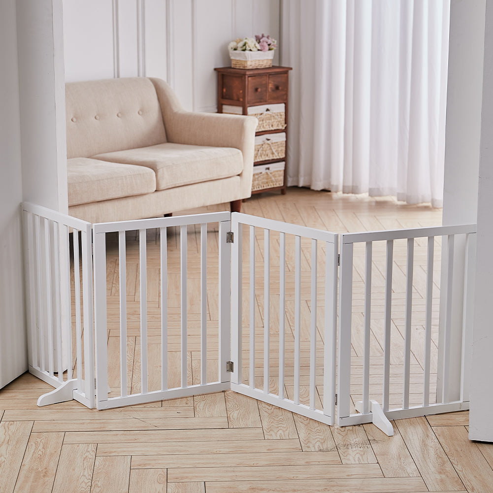 Living Room Safety Fence Wooden Folding 4-Panel Pet Gate Pet Supplies Living and Home White