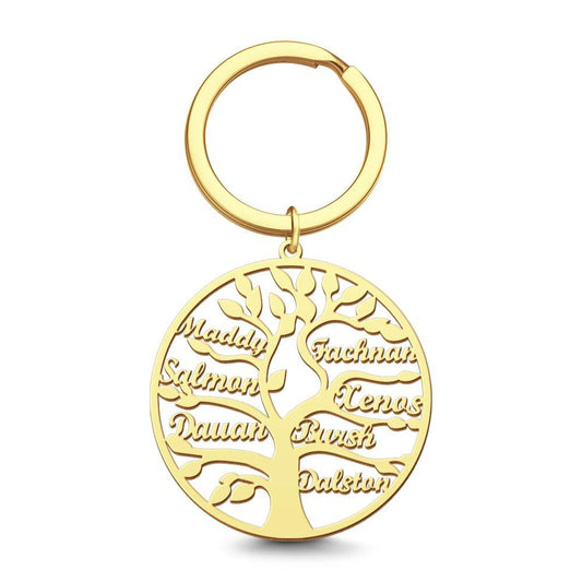 Family Tree Keychain Gifts Name Keychain for Women Unique Design 14k Gold Plated 1-9 Names