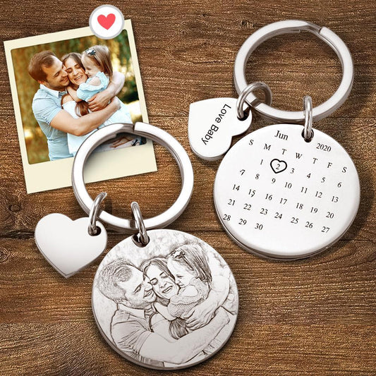 Custom Photo Engraved Keychain Date Save Keychain Significant Date Marker Anniversary Wedding Birthday Gifts