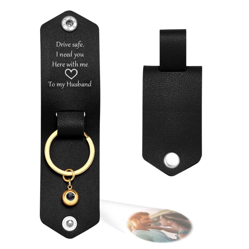 Custom Text Engraved Leather Keychain Personalized Photo Projection Gifts for Him