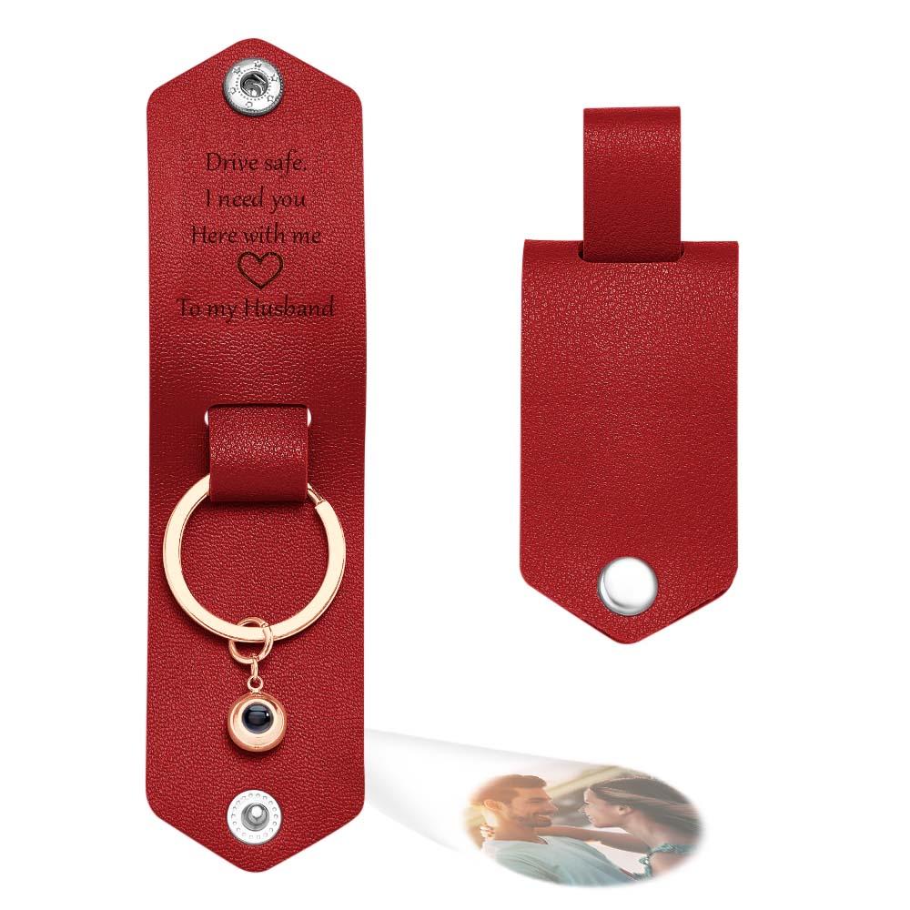Custom Text Engraved Leather Keychain Personalized Photo Projection Gifts for Him