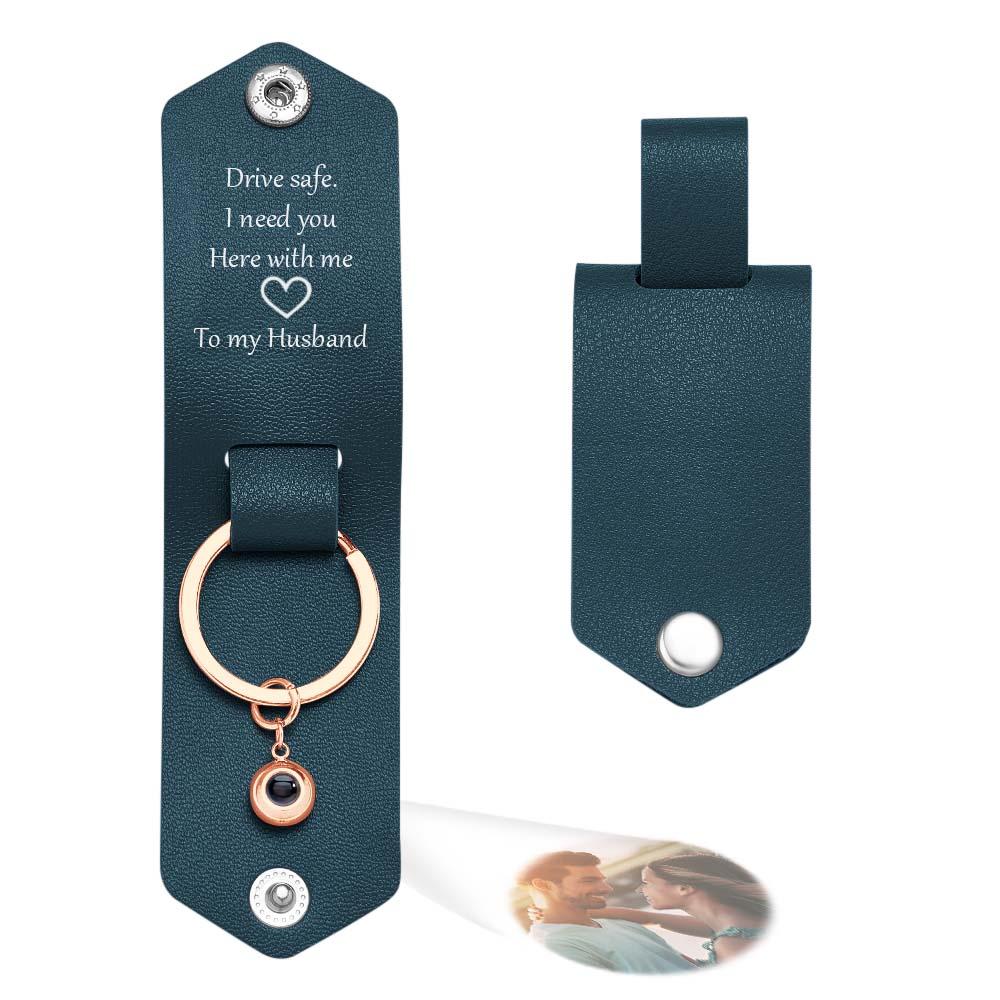 Custom Text Engraved Leather Keychain Personalized Photo Projection Gifts for Him