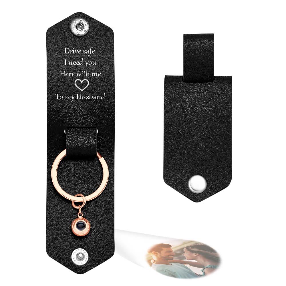 Custom Text Engraved Leather Keychain Personalized Photo Projection Gifts for Him
